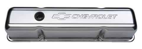 Engine Valve Covers Stamped Steel Tall Chrome With Baffle Bowtie Logo Fits SB Chevy Embossed Chevrolet & Bowtie Logos Chevrolet Performance Parts