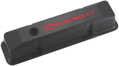 Chevrolet & Bowtie Emblem Die-Cast Valve Covers Recessed Red Carbon Style Recessed Red Chevrolet & Bowtie Logos Chevrolet Performance Parts