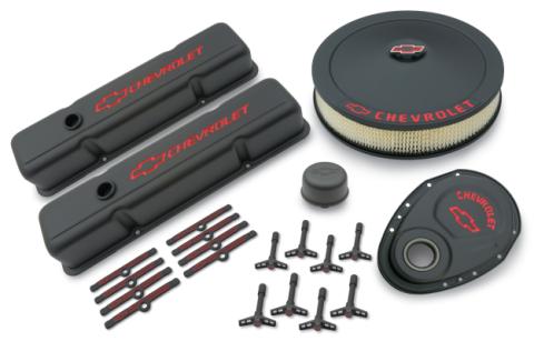 Engine Dress-Up Kit Black Crinkle Finish Red Bowtie Red Letters For SB Chevy Tall Painted Chevrolet Performance Parts