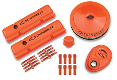 Engine Dress-Up Kit Orange w/Black Bowtie Logo Fits SB Block Chevy Engines Tall Powdercoat Chevrolet Performance Parts