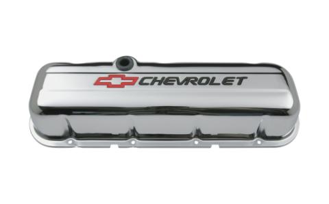 Engine Valve Covers Stamped Steel Tall Chrome w/ Bowtie Logo Fits BB Chevy Embossed Black Chevrolet &amp; Red Bowtie Logos Chevrolet Performance Parts