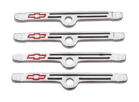 Engine Valve Cover Holdown Clamps Chrome with Red Bowtie Logo SB Chevy 4 Pcs Black Lines & Red Bowties Chevrolet Performance Parts