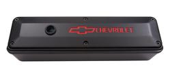 Engine Valve Cover 2 Piece Tall Style Die Cast Black w/Bowtie Logo SB Chevy Recessed Red Chevrolet &amp; Bowtie Logos Chevrolet Performance Parts