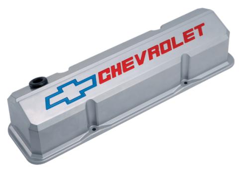 Valve Covers Slant Edge Tall Die Cast Gray w/Recessed Bowtie Logo SB Chevy Recessed Red Chevrolet & Blue Bowtie Logos Chevrolet Performance Parts
