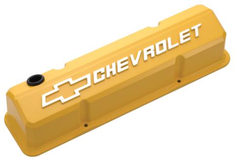 Valve Covers Slant Edge Tall Die Cast Yellow W/Raised Bowtie Logo SB Chevy Raised Chevrolet & Bowtie Logos Chevrolet Performance Parts