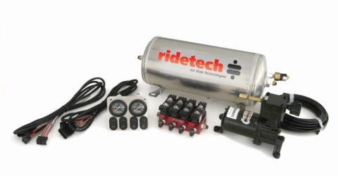 Ridepro Analog 4 Way Air Suspension Control System W/ 3 Gallon Tank Air Compressor 3 Gallon Tank Ridepro Electric Valve 1/4 Inch Airline Fittings And A Control Panel W/ 4 Electric Switches And 2 Dual Needle Gauges Ridetech