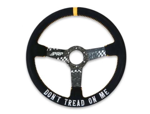 Don't Tread on Me Deep Dish Suede Steering Wheel 13 Inch Diameter Black and Yellow PRP Seats