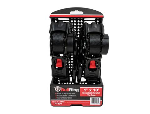 1 Inch x 10' Retractable Ratchet Tie Down 2 Pack Bullring