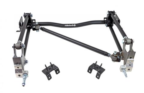 Bolt-On 4-Link W/ Single Adjustable Bars For 1955-1957 Bel Air W/ 2 Piece Frame R-Joints Bars Diagonal Link Bolt-On Cross Member And Weld-On Axle Brackets Coated Black For Use W/ Shockwaves Or Coil-Overs Sold Separately Ridetech