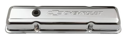 Engine Valve Covers Stamped Steel Short Chrome w/ Bowtie Logo Fits SB Chevy Embossed Chevrolet & Bowtie Logos Chevrolet Performance Parts