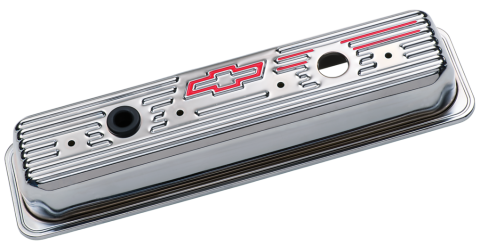 Engine Valve Covers Center Bolt Style Steel Chrome Tall w/Bowtie Logo SB Chevy Embossed Red Bowtie Logo Chevrolet Performance Parts