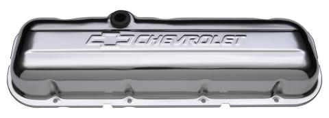 Engine Valve Covers Stamped Steel Short Chrome w/ Bowtie Logo Fits BB Chevy Embossed Chevrolet & Bowtie Logos Chevrolet Performance Parts