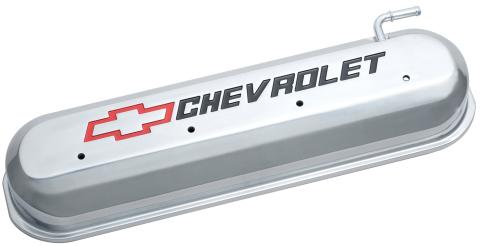 Engine Valve Covers Tall Style Die Cast Polished with Bowtie Logo LS Engines Recessed Black Chevrolet & Red Bowtie Logos Chevrolet Performance Parts