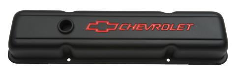 Engine Valve Covers Stamped Steel Short Black w/ Bowtie Logo Fits SB Chevy Embossed Red Chevrolet & Bowtie Logos Chevrolet Performance Parts