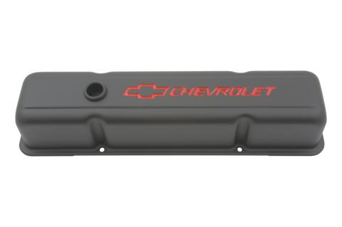 Engine Valve Covers Stamped Steel Tall Black w/ Bowtie Logo Fits SB Chevy Embossed Red Chevrolet & Bowtie Logos Chevrolet Performance Parts