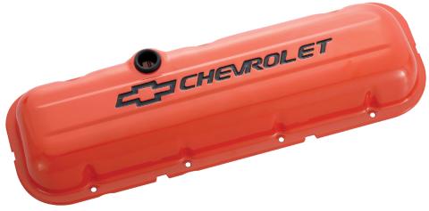 Engine Valve Covers Stamped Steel Short Orange w/ Bowtie Logo Fits BB Chevy Black Chevrolet & Bowtie Logos Chevrolet Performance Parts