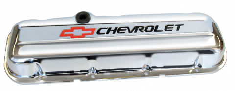 Engine Valve Covers Stamped Steel Short Chrome w/ Bowtie Logo Fits BB Chevy Embossed Black Chevrolet & Red Bowtie Logos Chevrolet Performance Parts