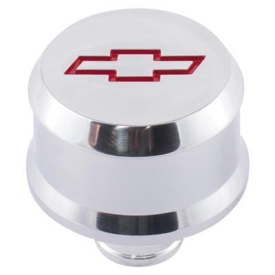 Slant-Edge Aluminum Push-In Air Breather Cap Polished Finish Recessed Red Bowtie Emblem Proform