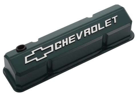 Valve Covers Slant Edge Tall Die Cast Green W/Raised Bowtie Logo SB Chevy Raised Chevrolet & Bowtie Logos Chevrolet Performance Parts