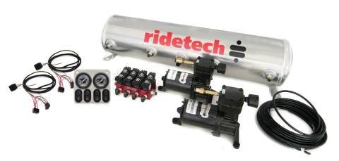 Ridepro Analog 4 Way Air Suspension Control System W/ 5 Gallon Tank 2 Air Compressors 5 Gallon Tank Ridepro Electric Valve 1/4 Inch Airline Fittings And A Control Panel W/ 4 Electric Switches And 2 Dual Needle Gauges Ridetech