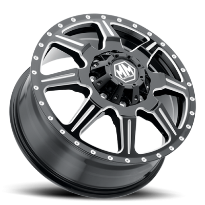 Mayhem Dually Wheels Monstir Dually 8101 GB-M 22x8.25 Front Dually Milled Spokes Black 127 Off Set 8 Lug 9.63 BSM 116.7 Bore 165.1 Bolt Circle Cast Aluminum