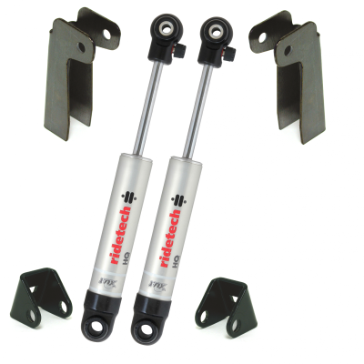 Front Shock Relocation Kit Universal Pair Of 4.75 Inch Stroke HQ Shocks W/ Weld-On Upper And Lower Brackets These Shocks Are 10.15 Inch X 14.9 Inch W/ A 12.5 -13 Inch Ride Height Ridetech