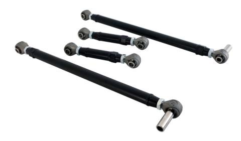 Replacement 4-Link Bar Kit W/ R-Joints Double Adj For 1964-1970 Mustang Old Design Bars Canted Inward Double Adjustable Upper And Lower Bars And R-Joint Spacers Powder Coated Satin Black Ridetech