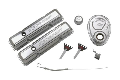 Engine Dress-Up Kit Chrome with Stamped Chevy Logo Fits SB Block Chevy Engines Stock Chrome No Valve Cover Faster Title Chevrolet Performance Parts