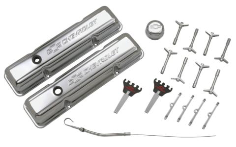 Engine Dress-Up Kit Chrome with Stamped Chevy Logo Fits SB Block Chevy Engines Stock Chrome Chevrolet Performance Parts