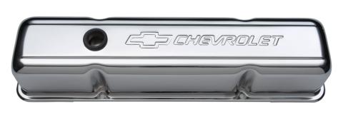 Engine Valve Covers Stamped Steel Tall Chrome No Baffle w/ Bowtie Logo Fits SB Chevy Embossed Chevrolet & Bowtie Logos Chevrolet Performance Parts