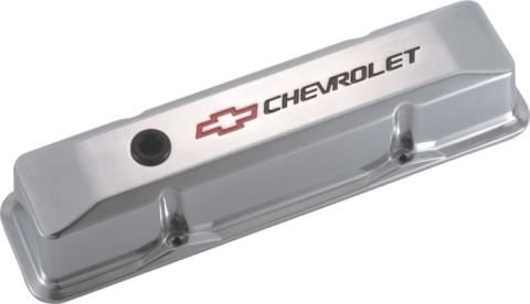 Engine Valve Covers Tall Style Die Cast Polished with Bowtie Logo SB Chevy Recessed Black Chevrolet & Red Bowtie Logos Chevrolet Performance Parts