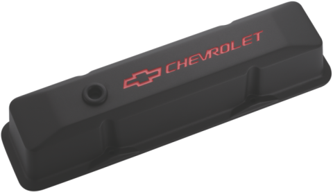 Engine Valve Covers Tall Style Die Cast Black with Bowtie Logo Fits SB Chevy Recessed Red Chevrolet & Bowtie Logos Chevrolet Performance Parts