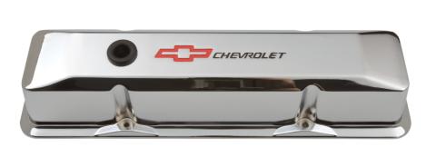 Engine Valve Covers Tall Style Die Cast Chrome with Bowtie Logo For SB Chevy Recessed Black Chevrolet & Red Bowtie Logos Chevrolet Performance Parts