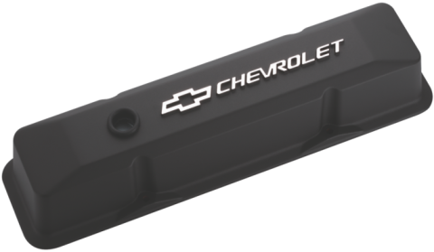 Chevrolet & Bowtie Emblem Die-Cast Valve Covers Raised Emblem Black Crinkle Raised Chevrolet & Bowtie Logos Chevrolet Performance Parts