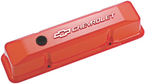 Chevrolet & Bowtie Emblem Die-Cast Valve Covers Raised Emblem Orange Raised Chevrolet & Bowtie Logos Chevrolet Performance Parts