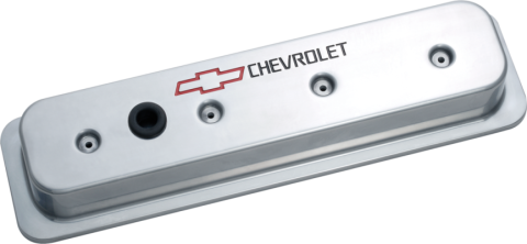 Engine Valve Covers Center Bolt Style Die Cast Polish w/Bowtie Logo SB Chevy Recessed Black Chevrolet & Red Bowtie Logos Chevrolet Performance Parts