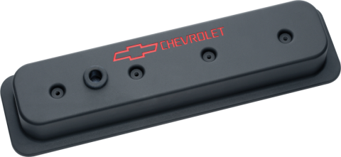 Engine Valve Covers Center Bolt Style Die Cast Black w/ Bowtie Logo SB Chevy Recessed Red Chevrolet & Bowtie Logos Chevrolet Performance Parts