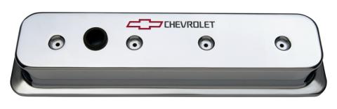 Engine Valve Covers Center Bolt Style Die Cast Chrome w/Bowtie Logo SB Chevy Recessed Black Chevrolet & Red Bowtie Logos Chevrolet Performance Parts