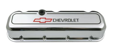 Engine Valve Covers Tall Style Die Cast Chrome with Bowtie Logo BB Chevy Recessed Black Chevrolet & Red Bowtie Logos Chevrolet Performance Parts