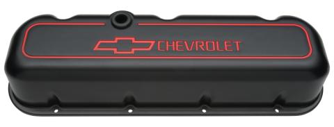 Engine Valve Covers Tall Style Die Cast Black with Bowtie Logo BB Chevy Recessed Red Chevrolet & Bowtie Logos Chevrolet Performance Parts