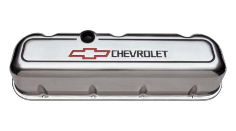 Engine Valve Covers Tall Style Die Cast Polished with Bowtie Logo BB Chevy Recessed Black Chevrolet & Red Bowtie Logos Chevrolet Performance Parts