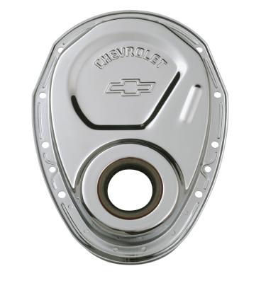 Timing Chain Cover Chrome Steel With Chevy and Bowtie Logo SB Chevy 69-91 Chevrolet Performance Parts