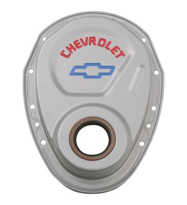 Timing Chain Cover Gray Steel With Chevy and Bowtie Logo For SB Chevy 69-91 Chevrolet Performance Parts