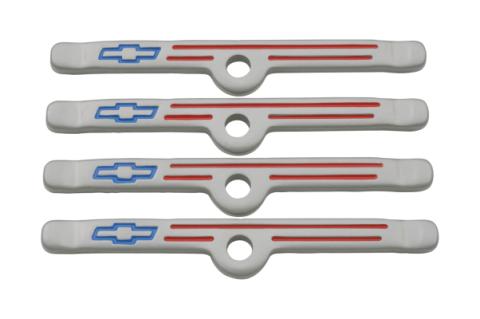 Engine Valve Cover Holdown Clamps Gray with Blue Bowtie Logo SB Chevy 4 Pcs Red Lines & Blue Bowties Chevrolet Performance Parts