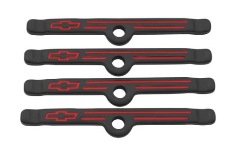 Engine Valve Cover Holdown Clamps Black Crinkle w/Bowtie Logo SB Chevy 4 Pcs Red Lines & Bowties Chevrolet Performance Parts
