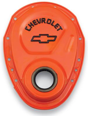 Timing Chain Cover Orange Steel With Chevy Bowtie Logo SB Chevy 69-91 Chevrolet Performance Parts