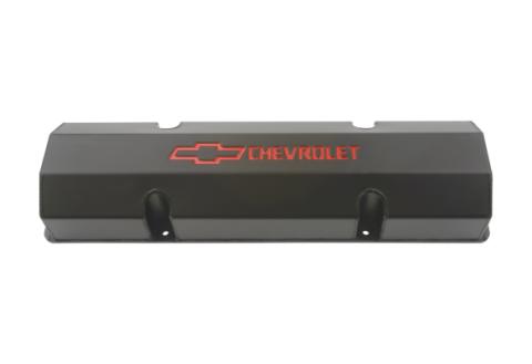 Engine Valve Covers Fabricated Aluminum Black with Bowtie Logo Fits SB Chevy Recessed Red Chevrolet &amp; Bowtie Logos Chevrolet Performance Parts