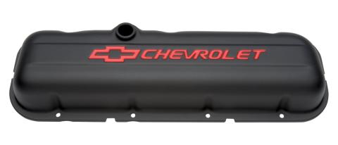 Engine Valve Covers Stamped Steel Short Black w/ Bowtie Logo Fits BB Chevy Embossed Red Chevrolet &amp; Bowtie Logos Chevrolet Performance Parts