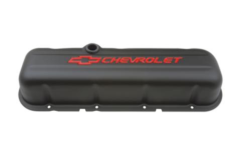 Engine Valve Covers Stamped Steel Tall Black w/ Bowtie Logo Fits BB Chevy Embossed Red Chevrolet &amp; Bowtie Logos Chevrolet Performance Parts