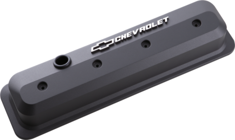 Valve Covers SBC 87-Pres LS Ctr Bolt Tall Alum Blk Crinkle Raised Emblems Raised Chevrolet & Bowtie Logos Chevrolet Performance Parts